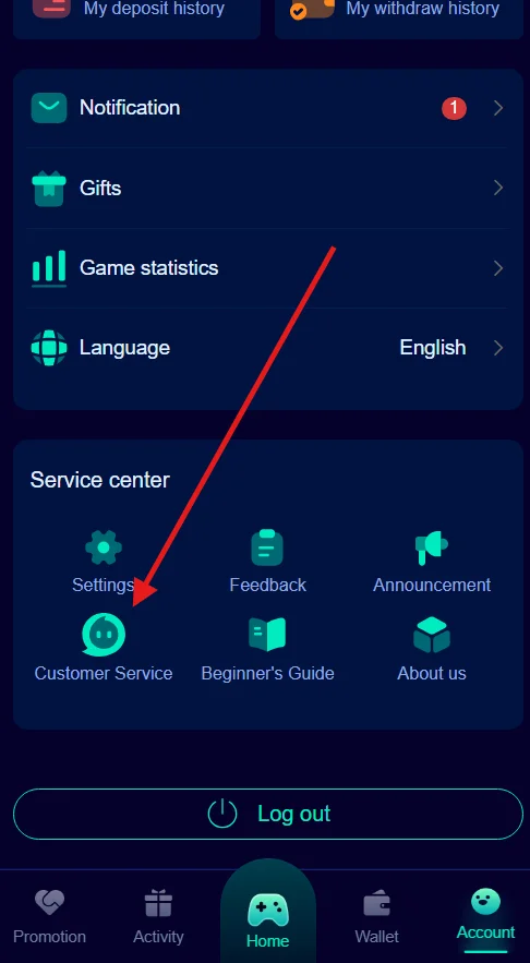 Click on the customer service option